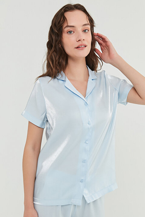 Açık Mavi Sky Saten SS Gömlek Pantalon Pijama Takımı - 4