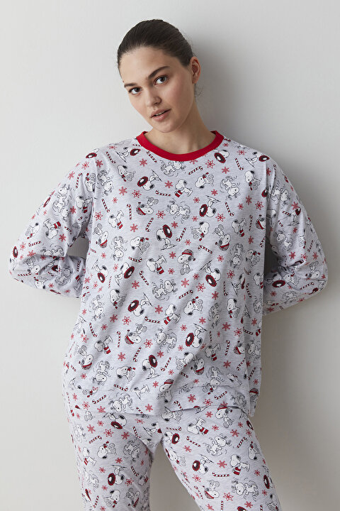 Açık Gri Printed Snoopy Pantolon Takımı - 5