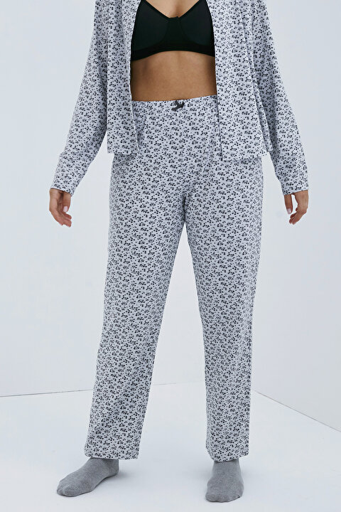 Açık Gri Melange Floral Pantolon - 4