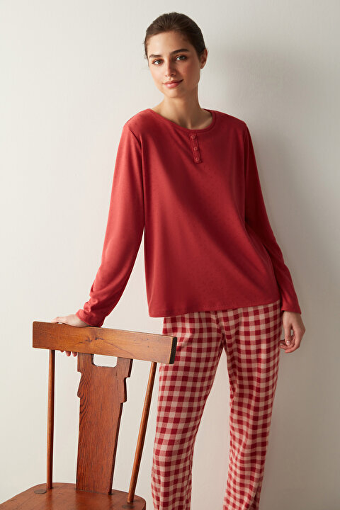 Kareli Kırmızı Termal Pijama Takımı