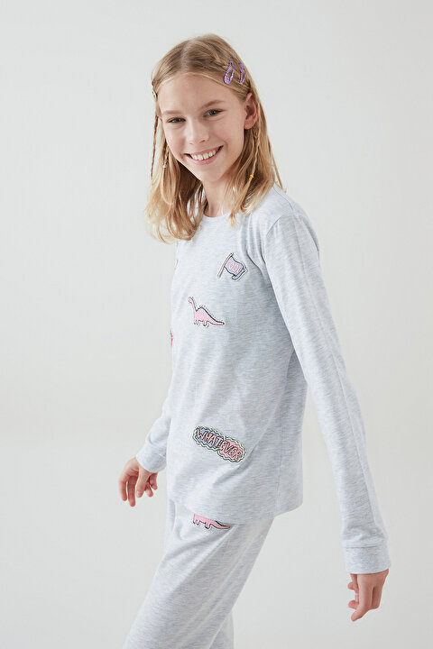 Açık Gri Teen Patch 2li Pijama Takımı - 5