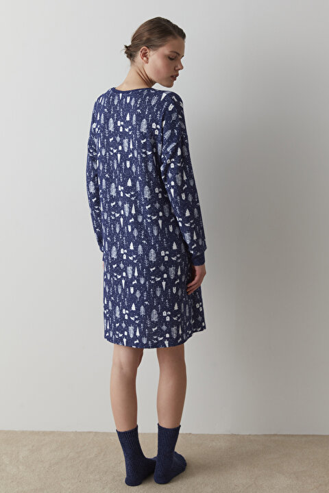 Lacivert Winter Printed Elbise - 3