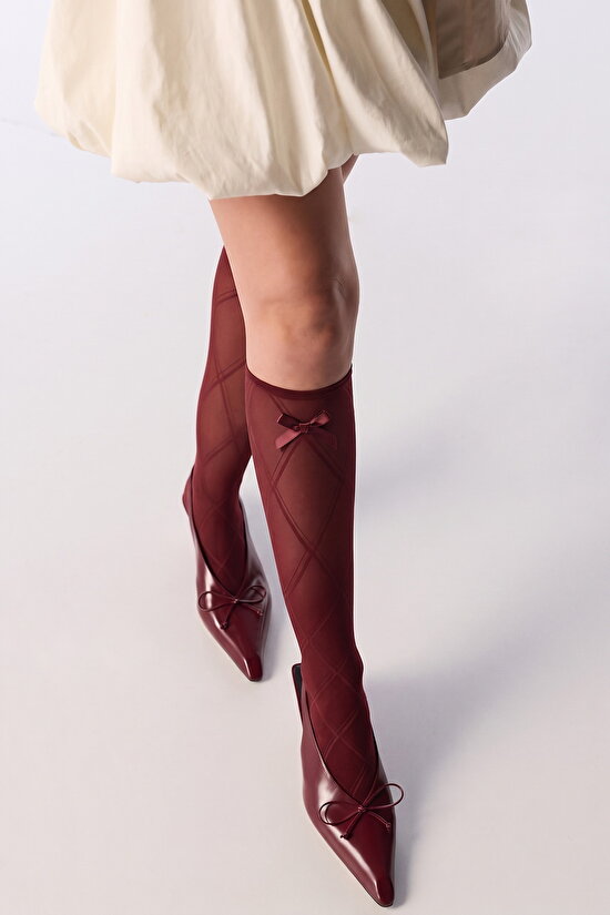 Bordo Diamond Ribbon Pantolon Çorap - 1