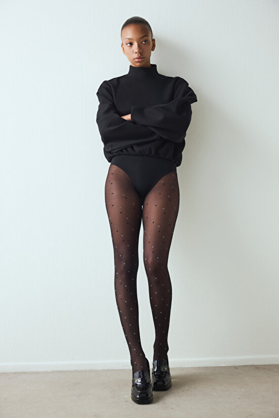 Black Shiny Dotted Tights - 4