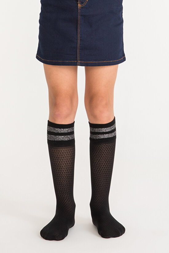 Siyah Pretty Shine Stripe Pantolon Çorabı - 1