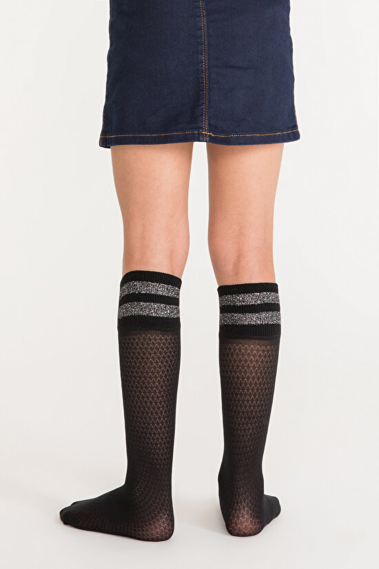 Siyah Pretty Shine Stripe Pantolon Çorabı - 2