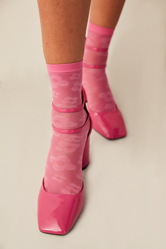Pembe Papatya Desenli Soket Çorap-Pentilicious - 1