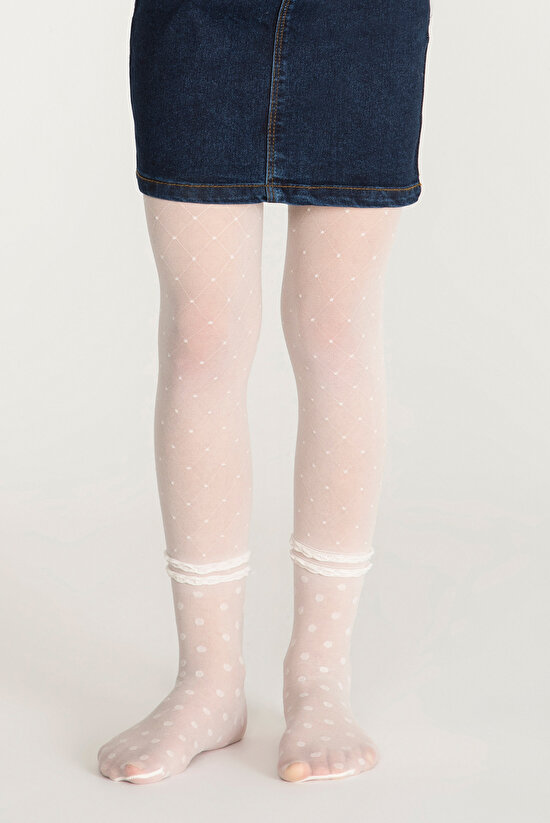 Beyaz Kız Çocuk Desenli Külotlu Çorap - 1