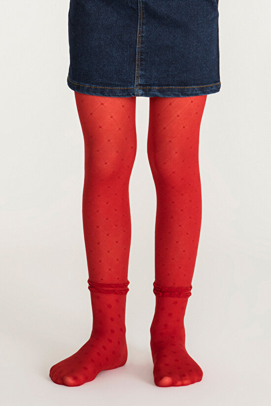 Kırmızı Kız Çocuk Desenli Külotlu Çorap - 1