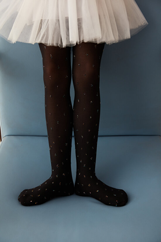 Siyah Kız Çocuk Simli Noktalı Külotlu Çorap - 2