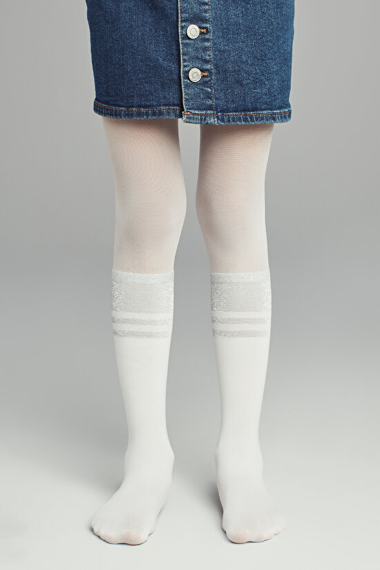 Beyaz Kız Çocuk Çizgili Külotlu Çorap - 1