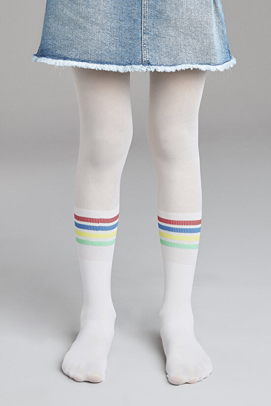 Beyaz Kız Çocuk Renkli Şeritli Külotlu Çorap - 1