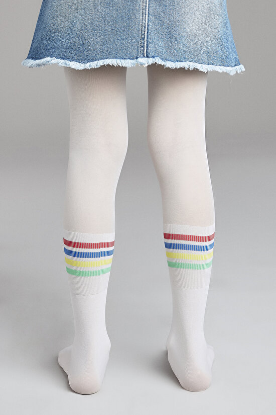 Beyaz Kız Çocuk Renkli Şeritli Külotlu Çorap - 2