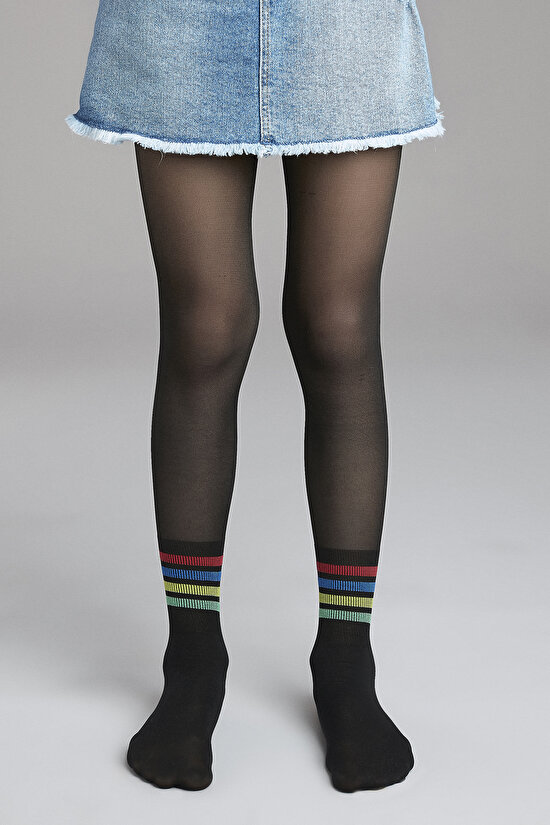 Siyah Kız Çocuk Çizgili Külotlu Çorap - 1