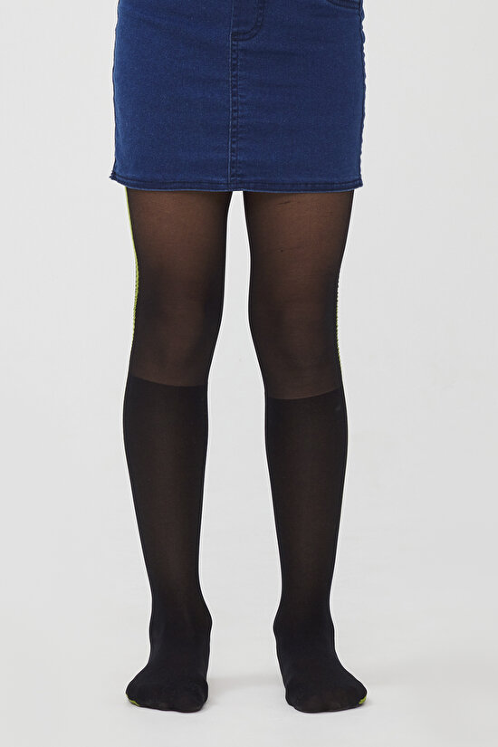 Siyah Kız Çocuk Neon Çizgili Külotlu Çorap - 2