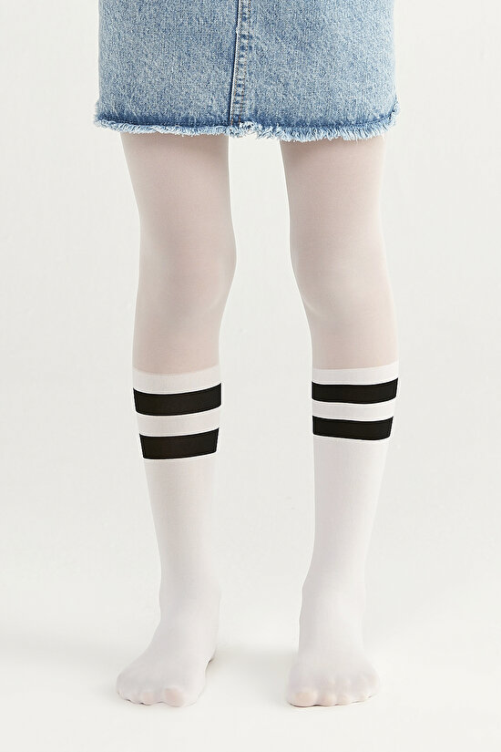 Beyaz Kız Çocuk Siyah Çizgili Külotlu Çorap - 1