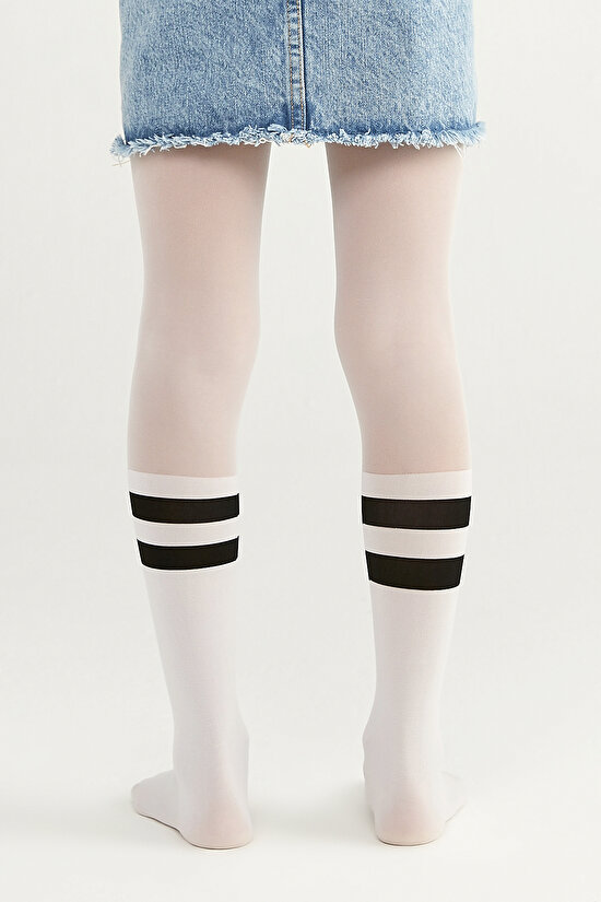 Beyaz Kız Çocuk Siyah Çizgili Külotlu Çorap - 2