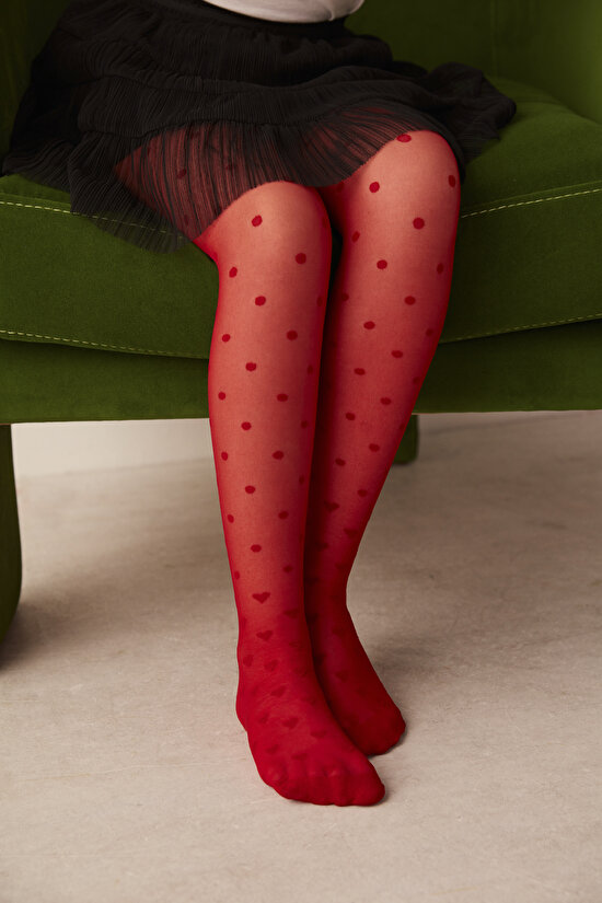 Kırmızı Kız Çocuk Puantiyeli Külotlu Çorap - 1