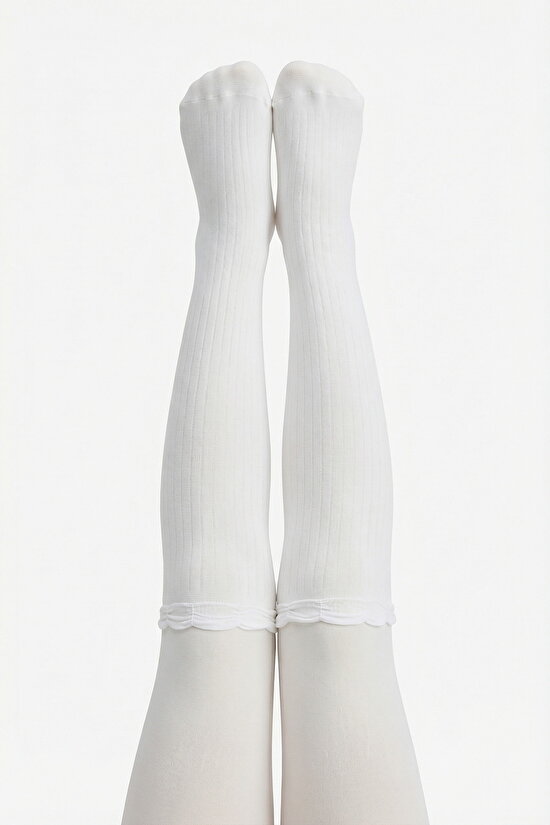 Kız Çocuk Beyaz Pretty Rib Külotlu Çorap - 1