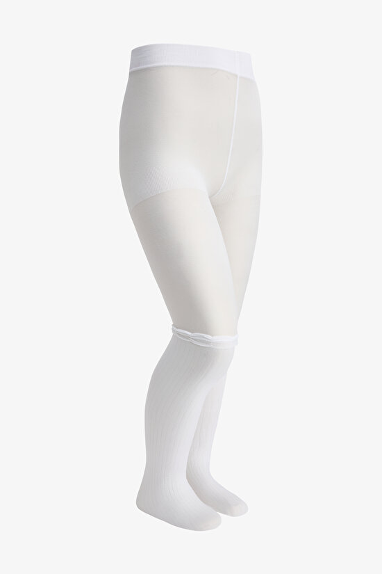 Kız Çocuk Beyaz Pretty Rib Külotlu Çorap - 2