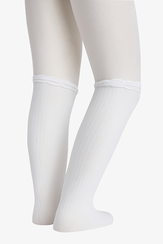 Kız Çocuk Beyaz Pretty Rib Külotlu Çorap - 5