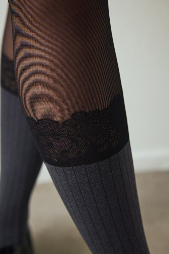 Black Ribbed Lace Tights - 5