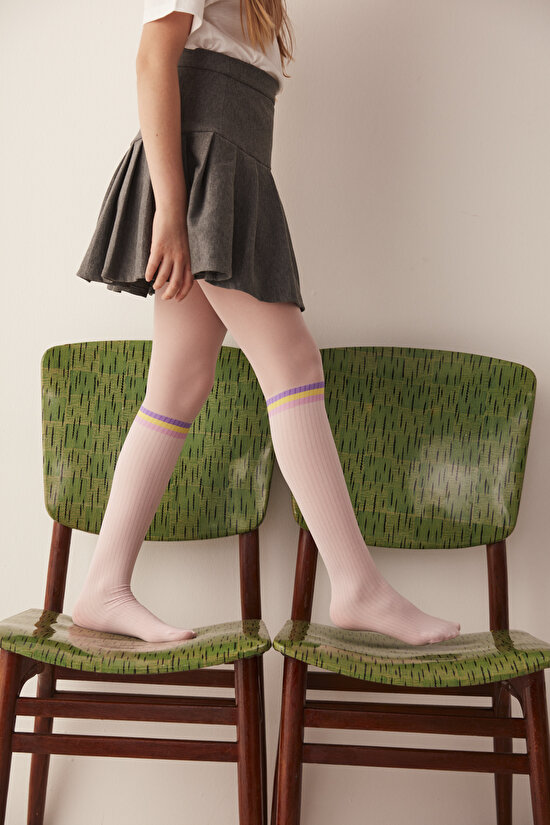 Beyaz Kız Çocuk Çizgili Külotlu Çorap - 5