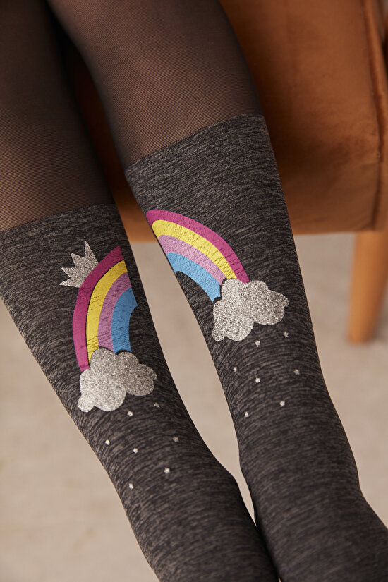 Siyah Kız Çocuk Gökkuşağı Desenli Külotlu Çorap - 1