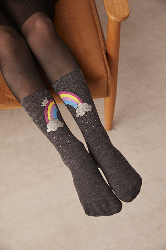 Siyah Kız Çocuk Gökkuşağı Desenli Külotlu Çorap - 2