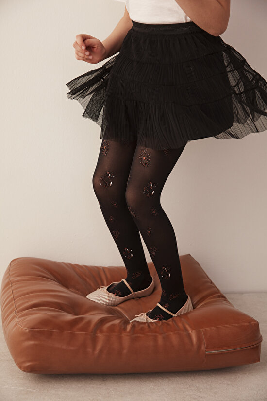 Siyah Kız Çocuk Yaldızlı Desenli Külotlu Çorap - 1