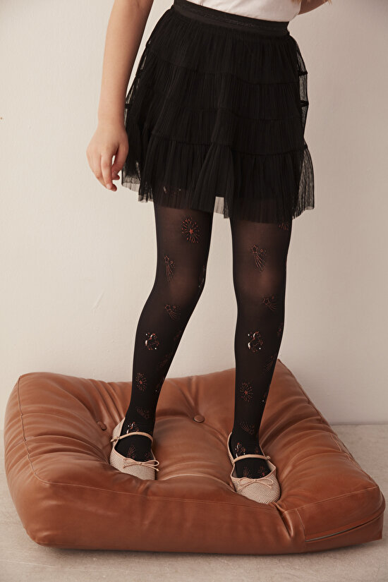 Siyah Kız Çocuk Yaldızlı Desenli Külotlu Çorap - 4