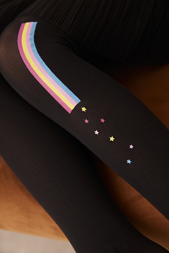 Siyah Kız Çocuk Gökkuşağı Yıldız Desenli Külotlu Çorap - 2