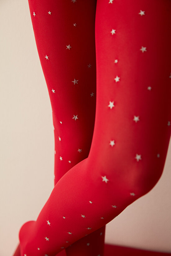 Kırmızı Kız Çocuk Yıldız Desenli Külotlu Çorap - 1