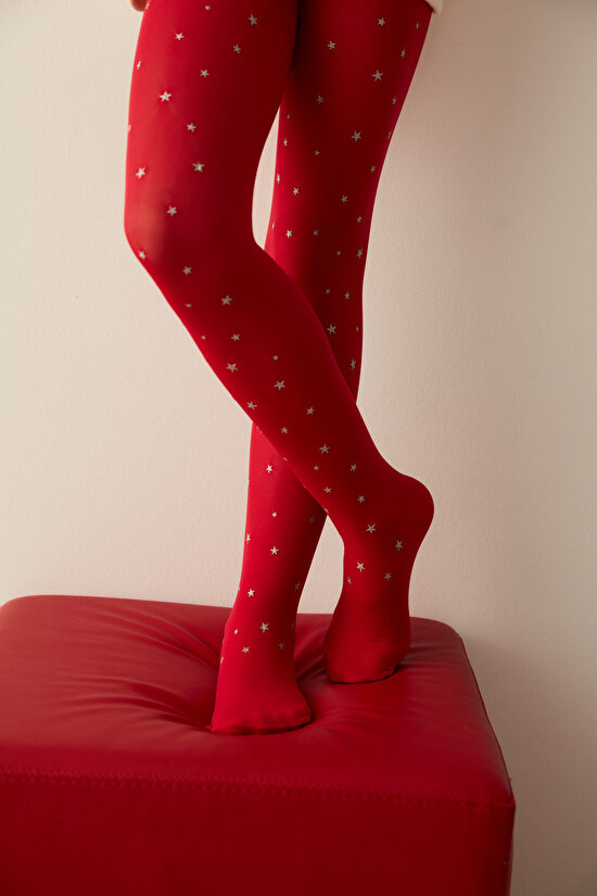 Kırmızı Kız Çocuk Yıldız Desenli Külotlu Çorap - 2