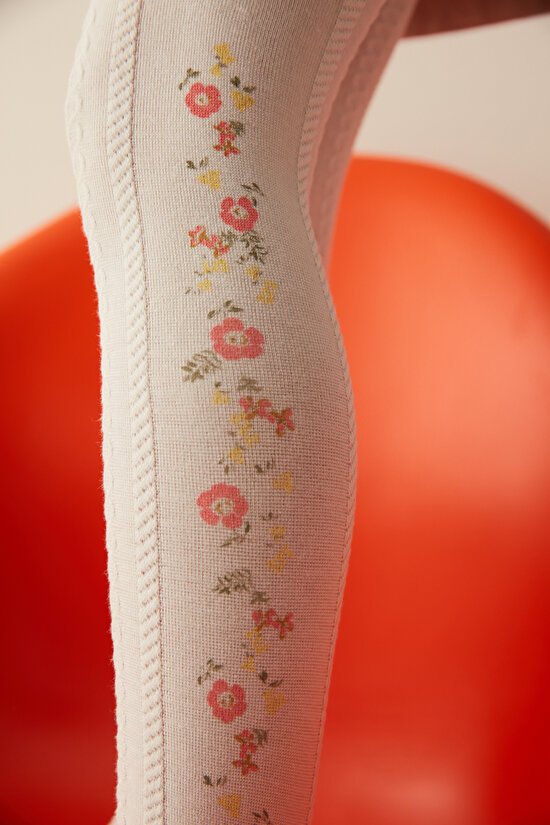 Krem Rengi Kız Çocuk Çicek Desenli Külotlu Çorap - 1