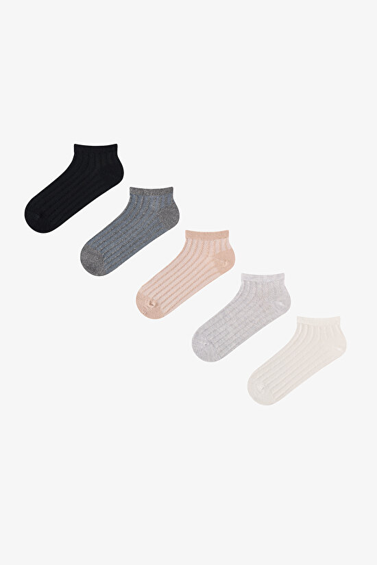 Cream Brown Knitted Jacquard 5 Pack Liner Socks - 1