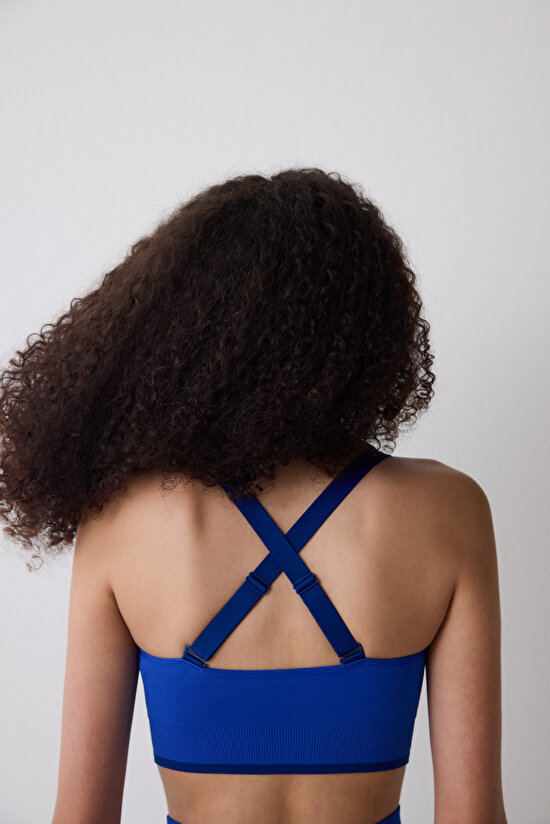 Saks Mavi Hafif Destek Kontrast Dikişsiz Seamless Spor Sütyeni - 9