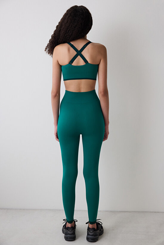 Yeşil Hafif Destek Kontrast Dikişsiz Seamless Spor Sütyeni - 5