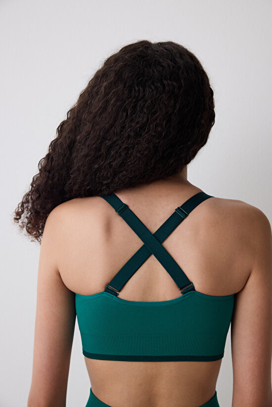 Yeşil Hafif Destek Kontrast Dikişsiz Seamless Spor Sütyeni - 6