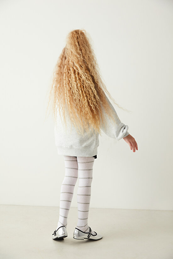 Beyaz Kız Çocuk Çizgili Simli Külotlu Çorap - 3