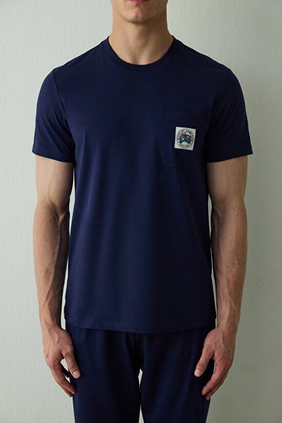 Lacivert Never Erkek Slogan Baskılı Kısa Kollu Pamuklu Pijama Takımı - 4