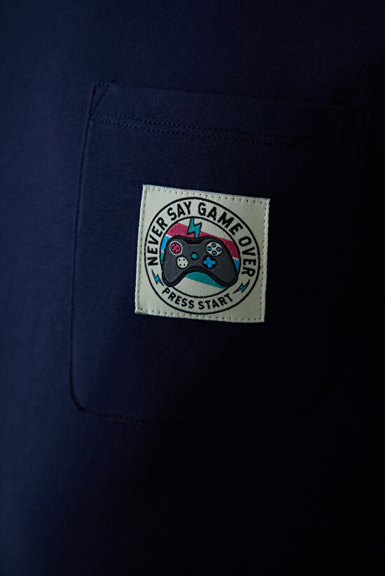 Lacivert Never Erkek Slogan Baskılı Kısa Kollu Pamuklu Pijama Takımı - 5