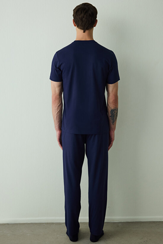 Lacivert Never Erkek Slogan Baskılı Kısa Kollu Pamuklu Pijama Takımı - 6