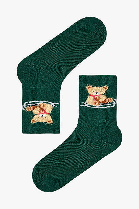 Yeşil Beyaz Sledding Bear  2li Soket Çorap - 2