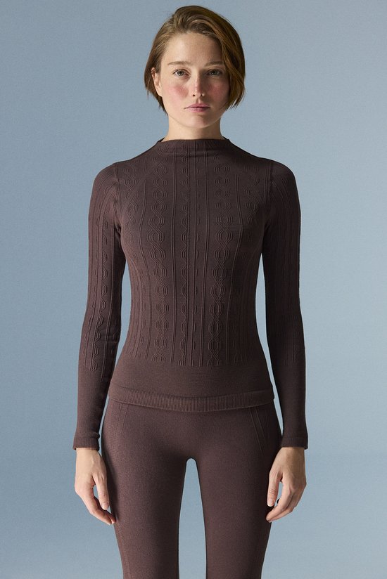 Kahverengi Base Layer Cable Örgü Dikişsiz Uzun Kollu Bluz - 1