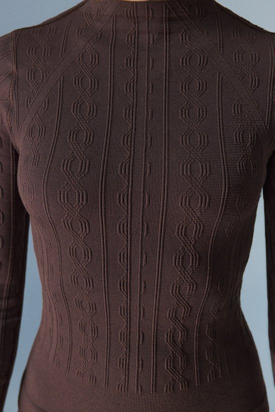 Kahverengi Base Layer Cable Örgü Dikişsiz Uzun Kollu Bluz - 3