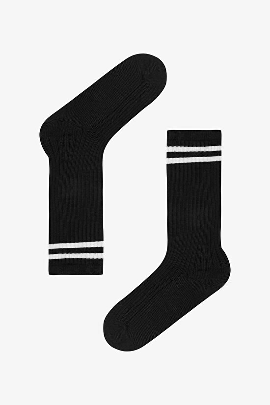 Siyah Kız Çocuk Sporty Çizgili Ribanalı Pantolon Çorabı - 1