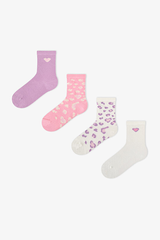 Kız Çocuk Pembe Sevimli Leopar Pamuklu 4 Çift Soket Çorap - 1