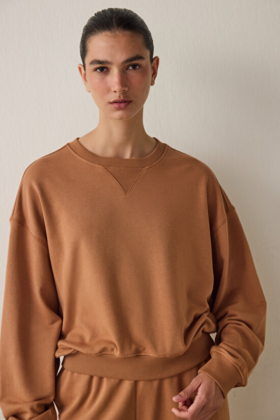 Light Brown Curvy Edge Crew Neck Oversize Crop Sweatshirt - 3