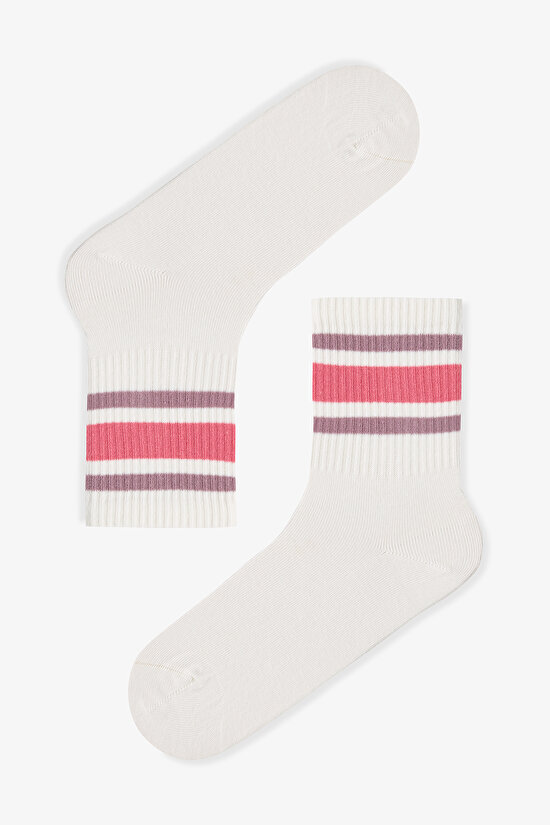 Beyaz - Multi Block Stripe Tennis 3'lü Soket Çorap - 4